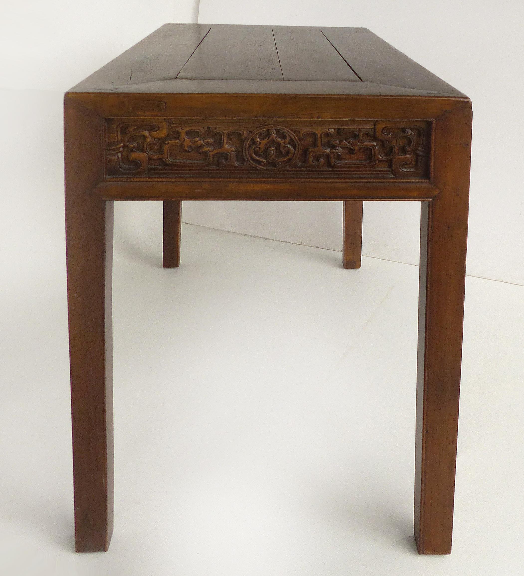 Hand-Carved Chinese Carved Two-Drawer Console Table with Carved Apron