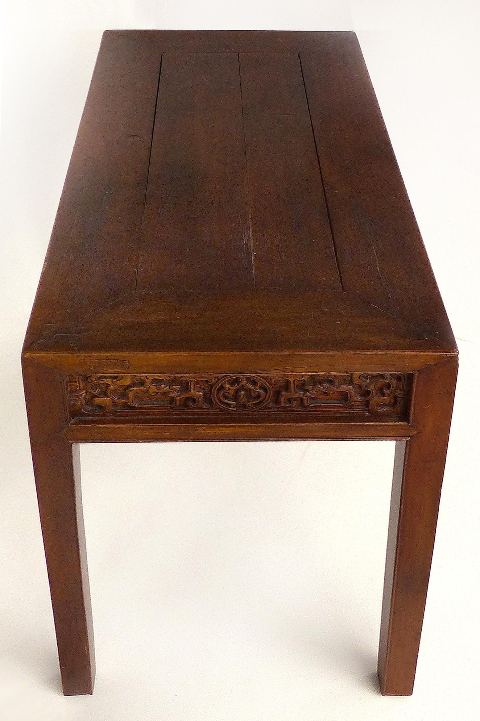 Chinese Carved Two-Drawer Console Table with Carved Apron In Good Condition In Miami, FL