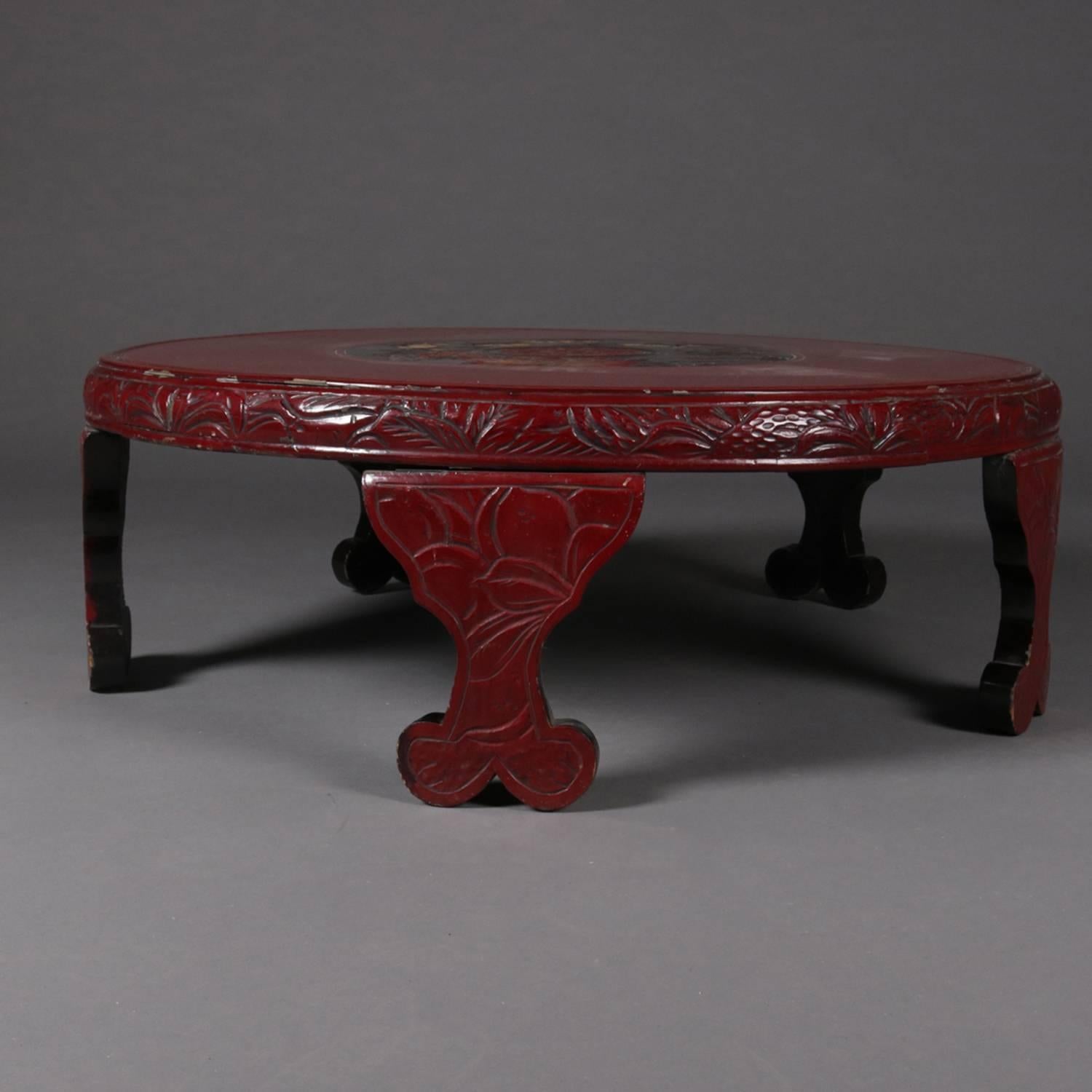Chinese Carved Vermilion Lacquered Coffee Low Table, Floral Medallion circa 1920 In Good Condition In Big Flats, NY