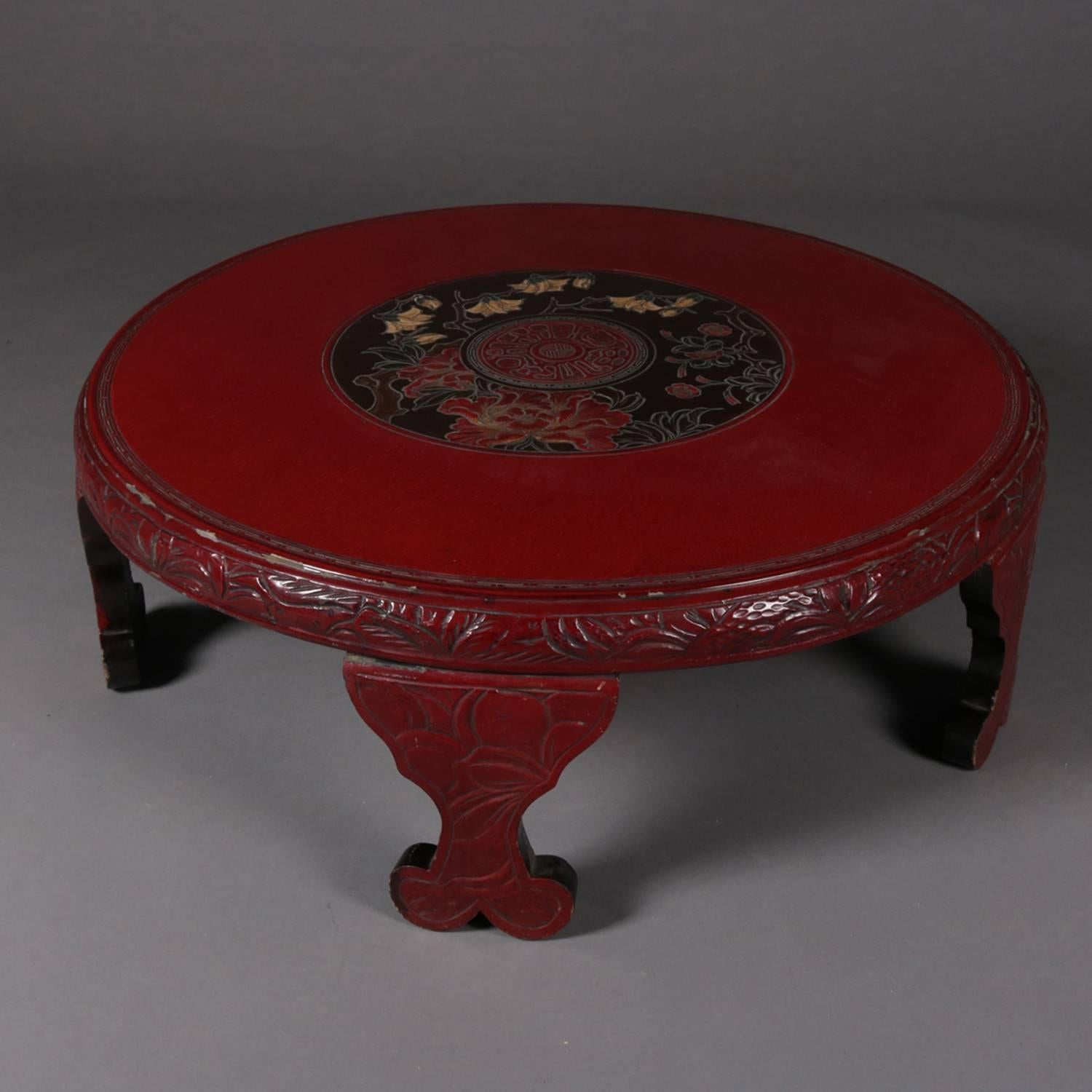 20th Century Chinese Carved Vermilion Lacquered Coffee Low Table, Floral Medallion circa 1920