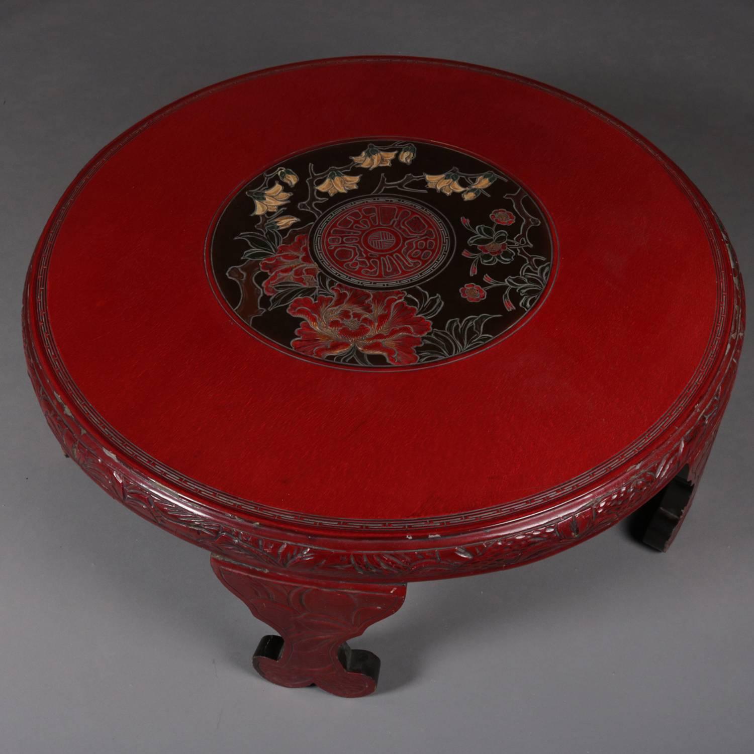 Wood Chinese Carved Vermilion Lacquered Coffee Low Table, Floral Medallion circa 1920
