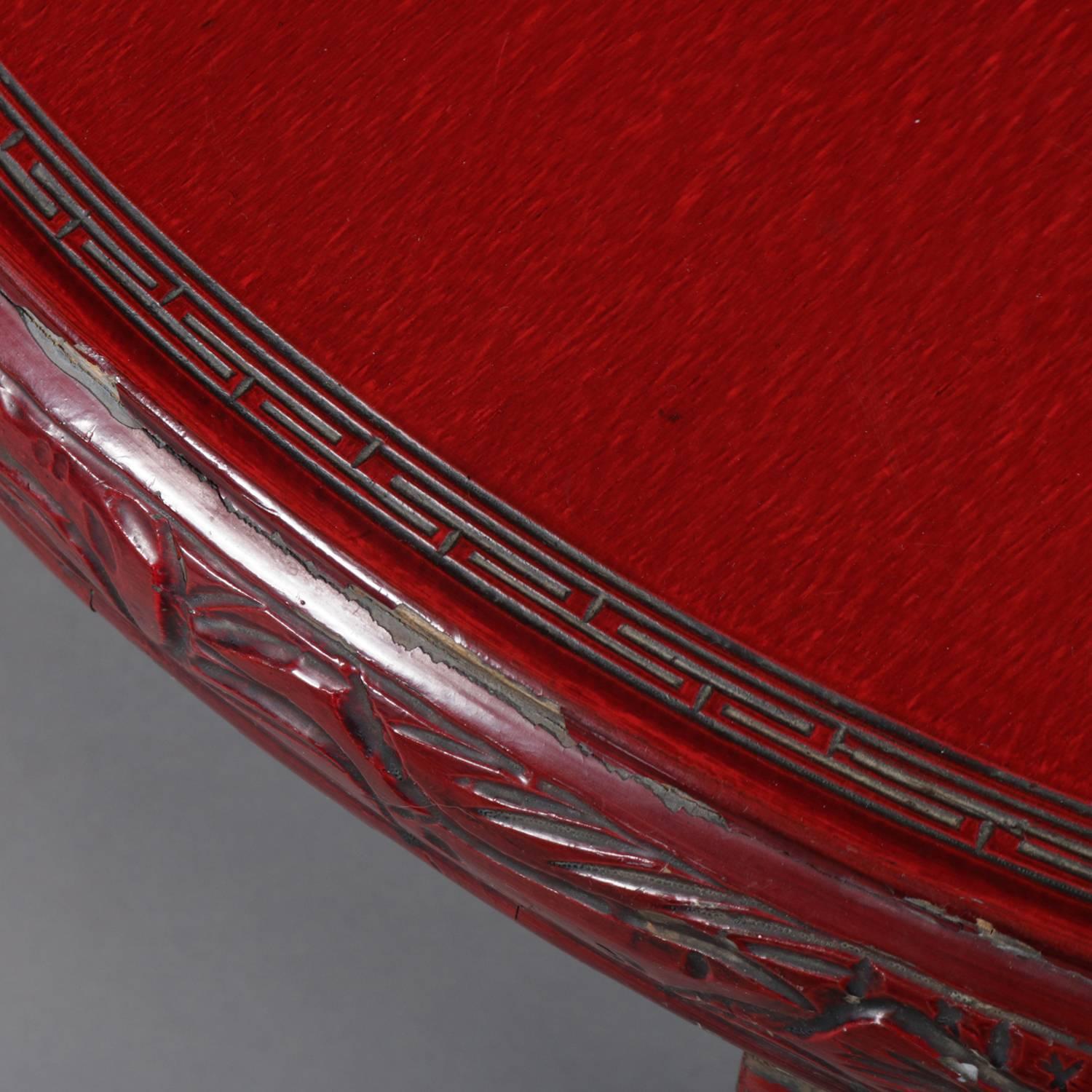 Chinese Carved Vermilion Lacquered Coffee Low Table, Floral Medallion circa 1920 1