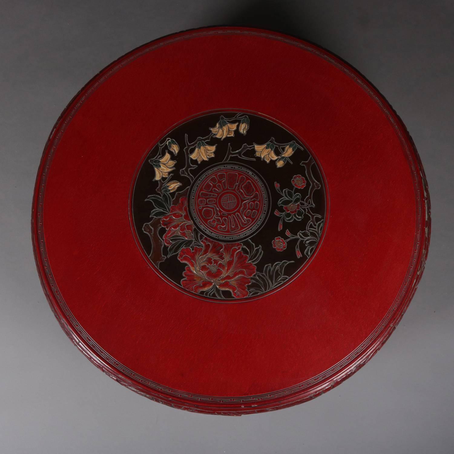Chinese Carved Vermilion Lacquered Coffee Low Table, Floral Medallion circa 1920 2