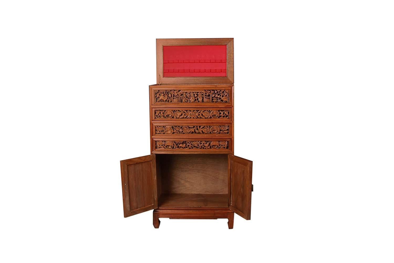Chinese Carved Vintage Silver Jewelry Cabinet Collector Chest 3