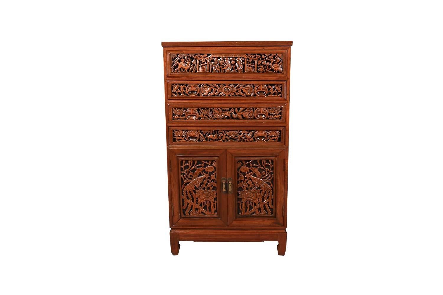 Ming Chinese Carved Vintage Silver Jewelry Cabinet Collector Chest For Sale