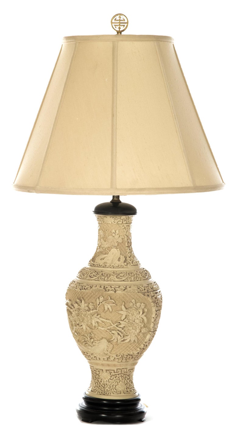 Chinese Carved White Cinnabar Table Lamp For Sale at 1stDibs