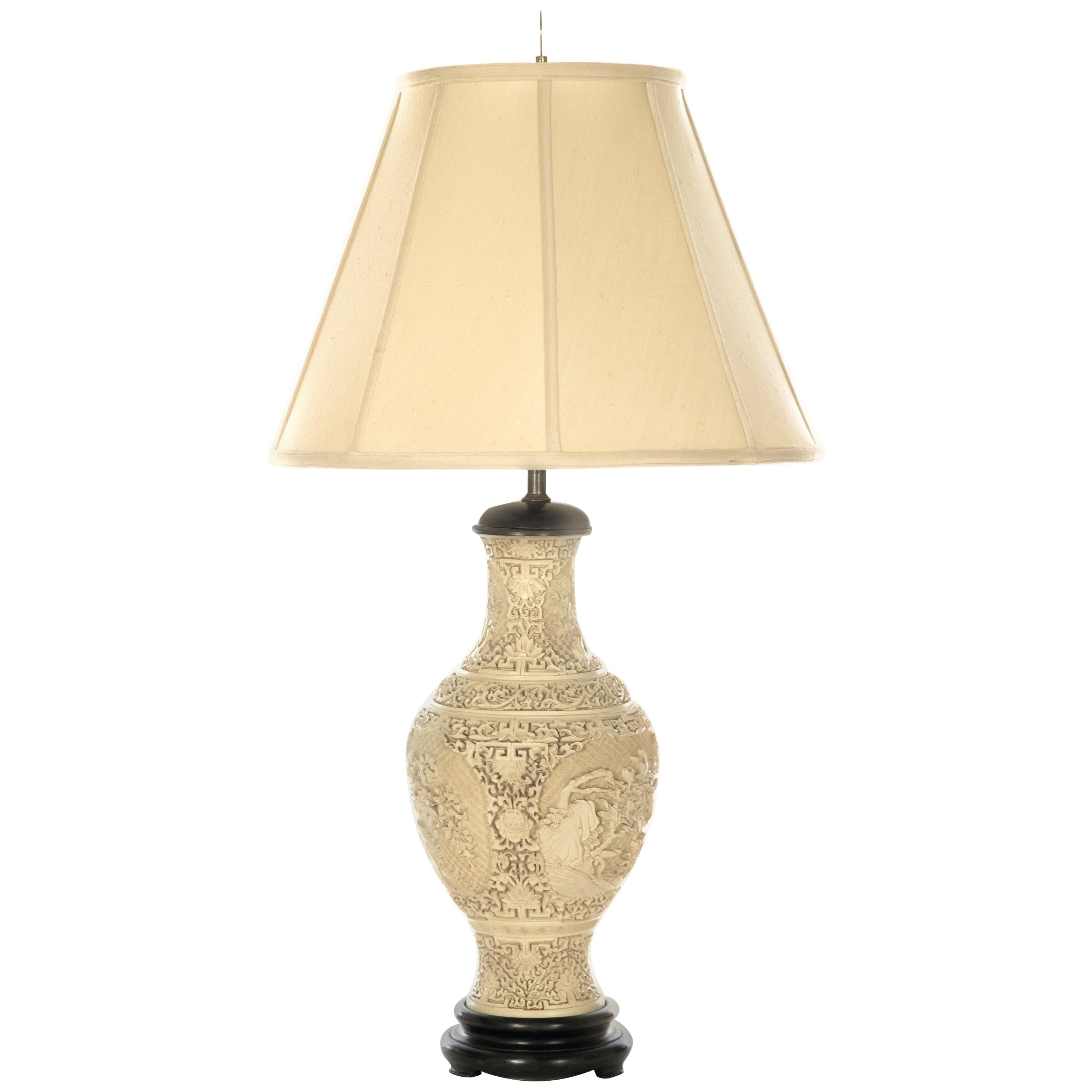 Chinese Carved White Cinnabar Table Lamp For Sale