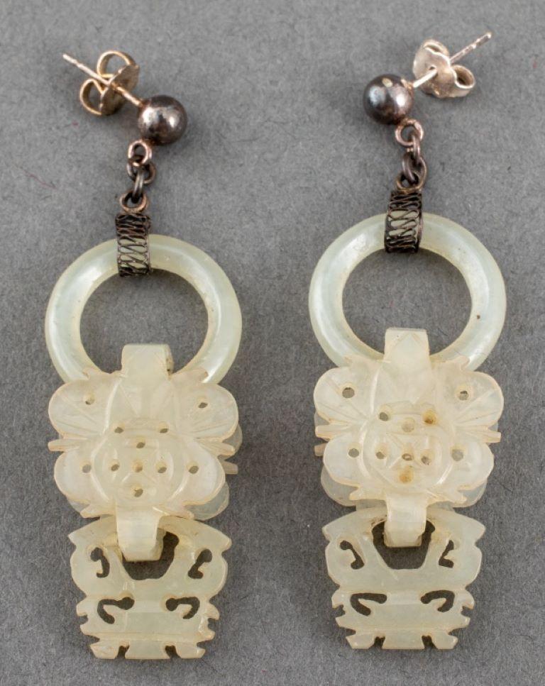 Chinese Export Chinese Carved White Jade Silver Earrings For Sale