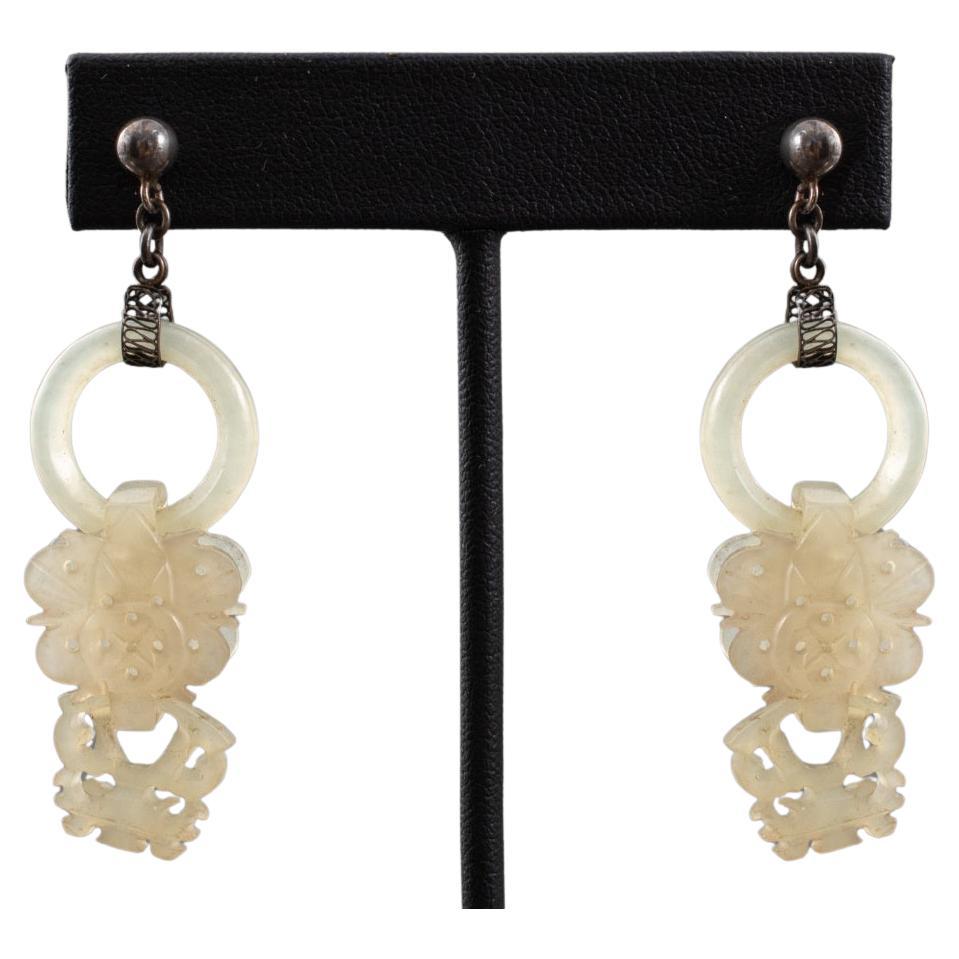 Chinese Carved White Jade Silver Earrings For Sale