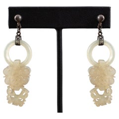 Antique Chinese Carved White Jade Silver Earrings