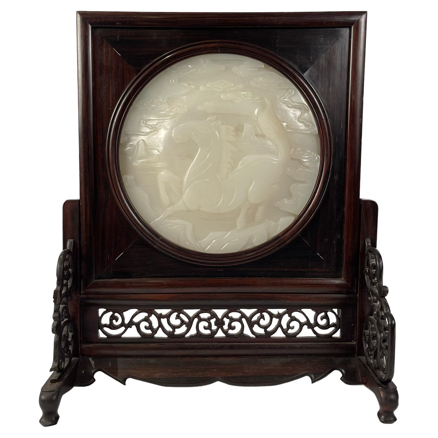 Chinese Carved White Jade Table Screen For Sale