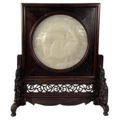 Chinese Carved White Jade Table Screen