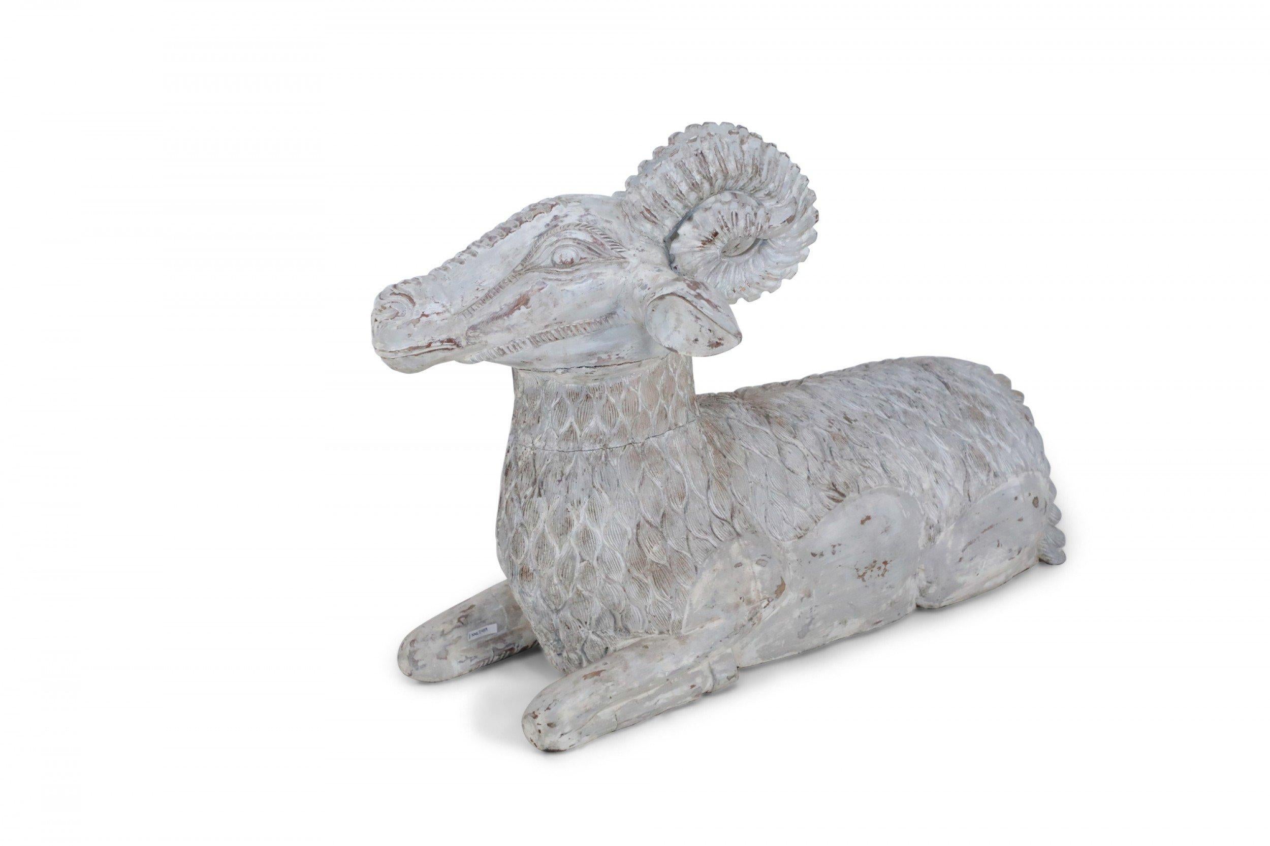 Chinese Export Chinese Carved Whitewashed Wooden Ram Statue For Sale