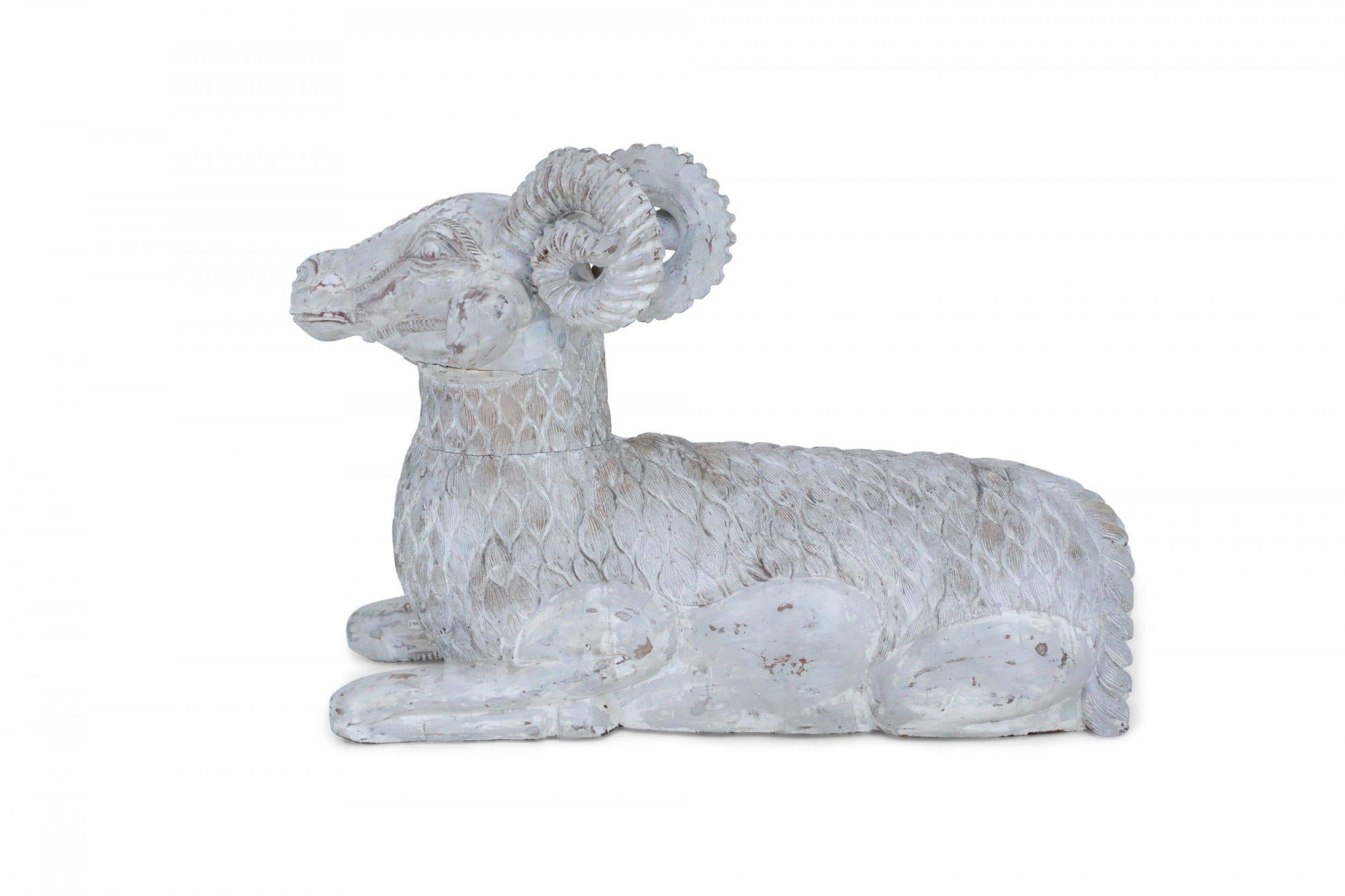 Hand-Carved Chinese Carved Whitewashed Wooden Ram Statue For Sale