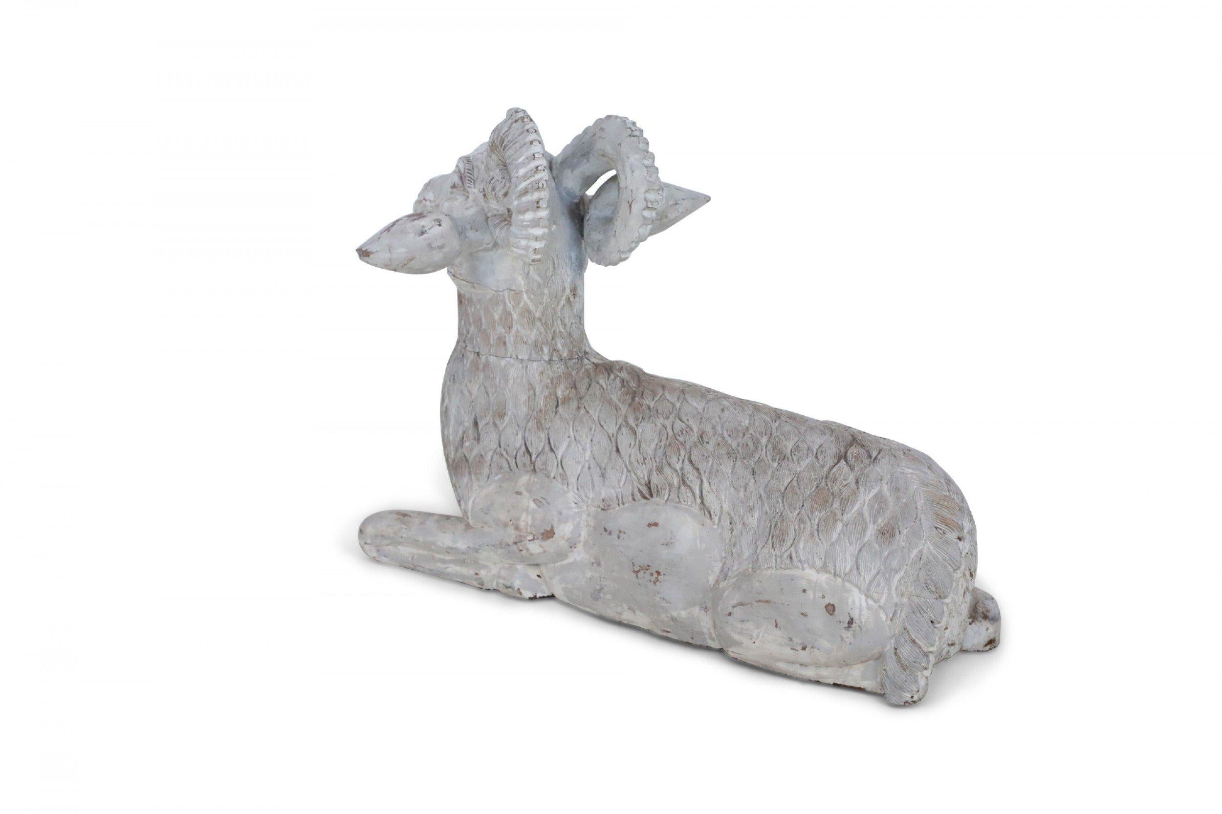 Chinese Carved Whitewashed Wooden Ram Statue In Good Condition For Sale In Queens, NY