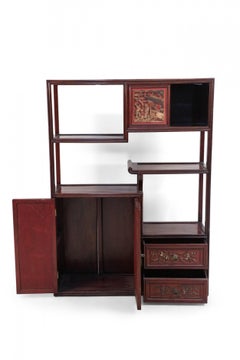 Chinese Carved Wood and Red Accented Bogu Etagere Shelf