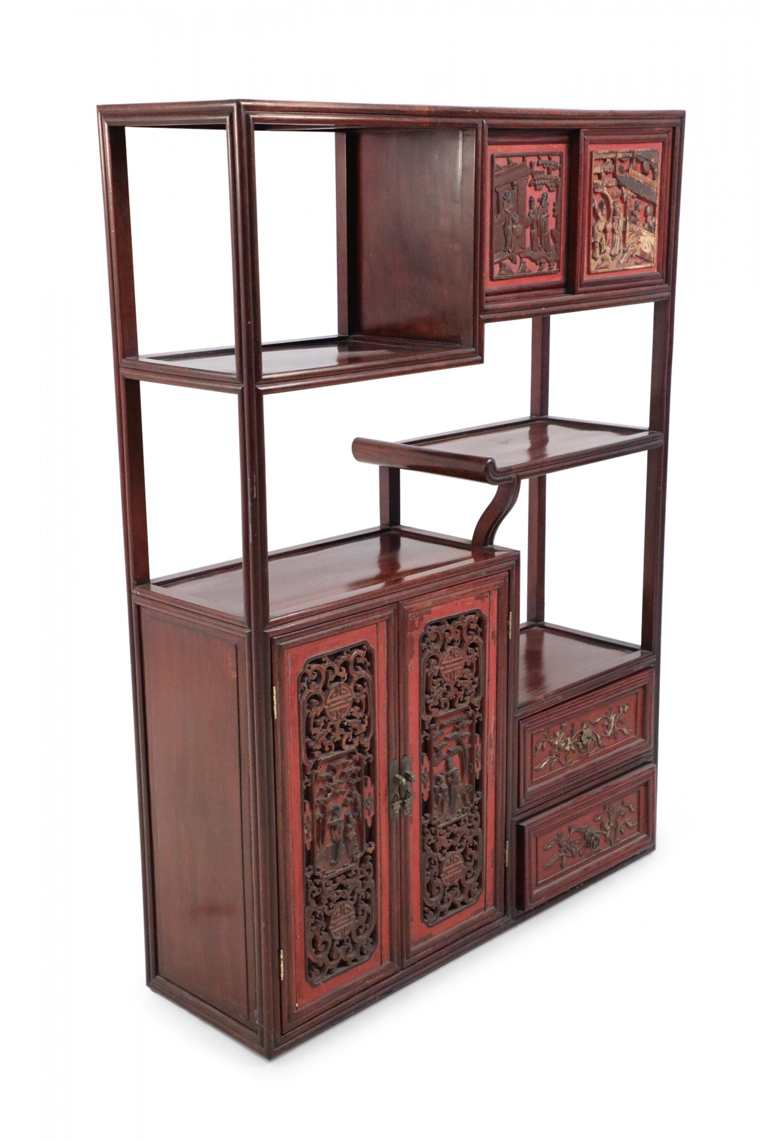Chinese Carved Wood and Red Accented Bogu Etagere Shelf For Sale 1