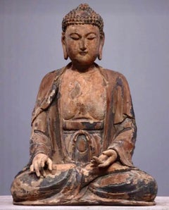 Scultura di Buddha cinese in legno intagliato. XVIII secolo