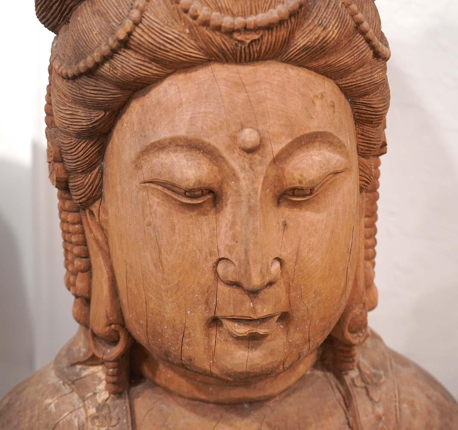 Hand-Carved Chinese Carved Wood Bust of Guan Yin the Bodhisattva of Compassion, 20th C.