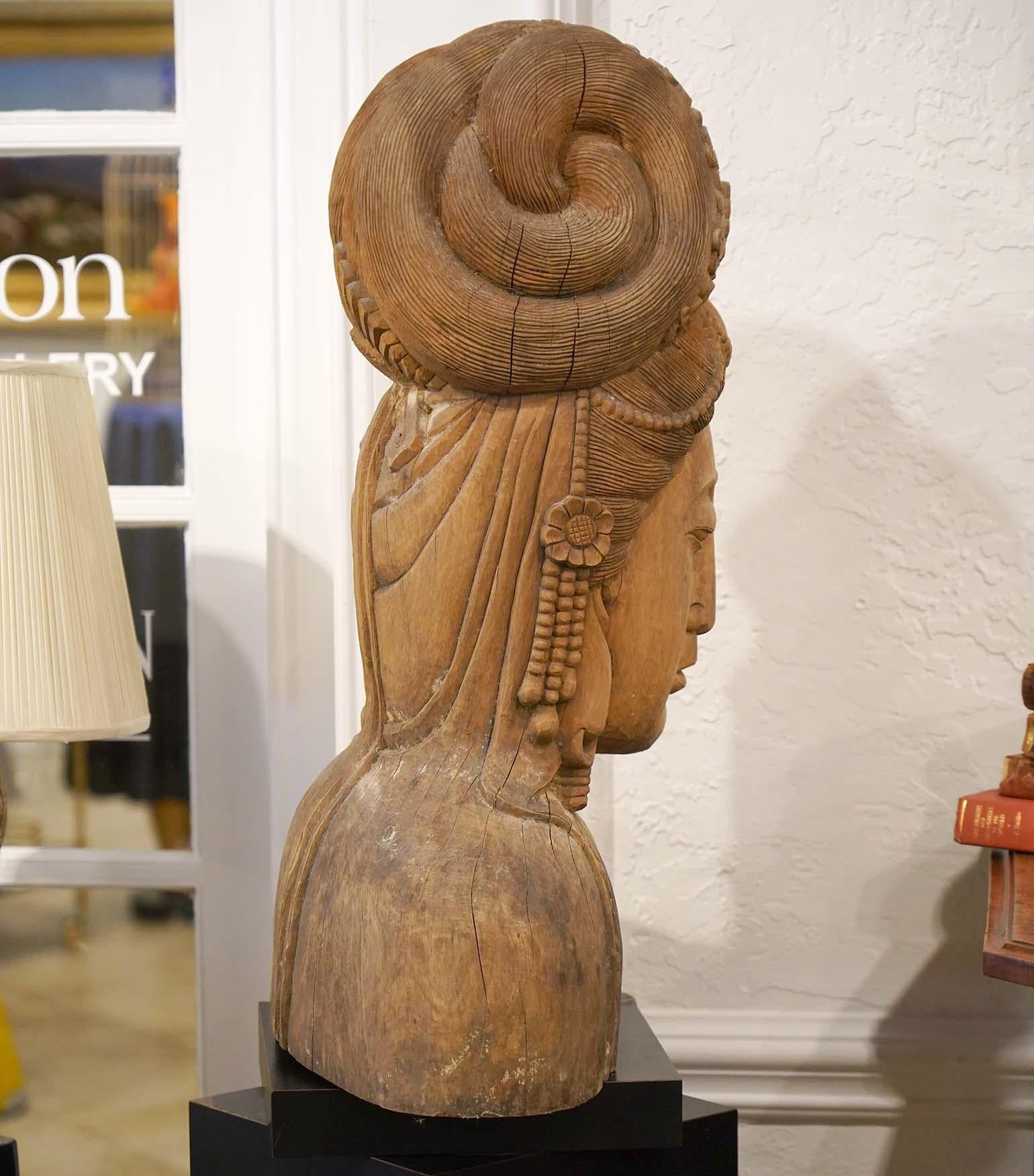 20th Century Chinese Carved Wood Bust of Guan Yin the Bodhisattva of Compassion, 20th C.