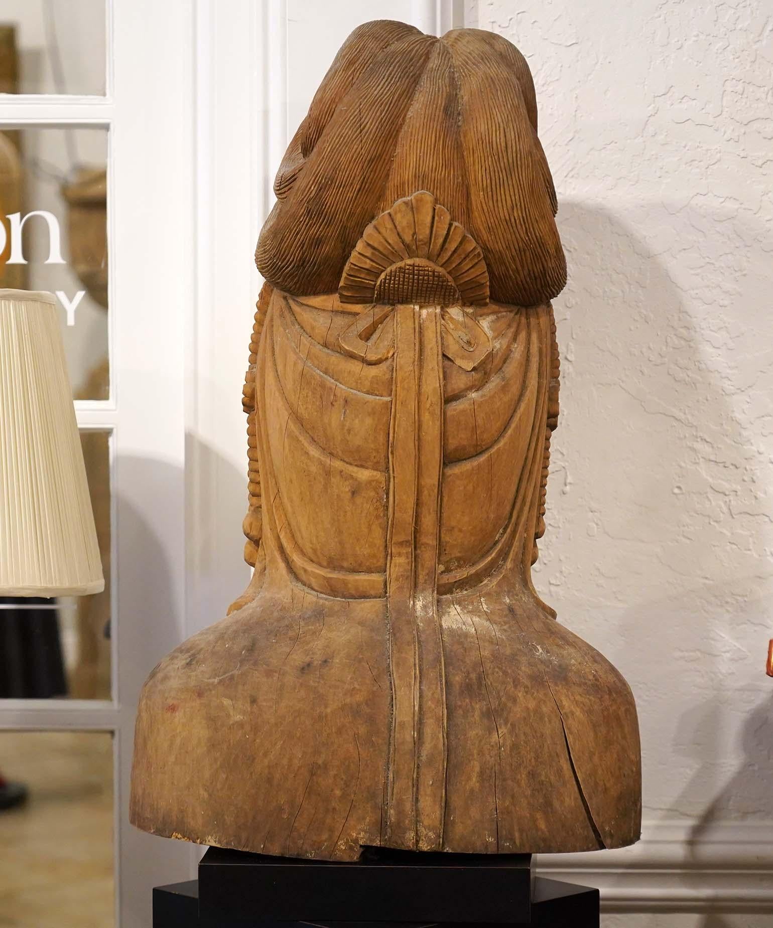 Chinese Carved Wood Bust of Guan Yin the Bodhisattva of Compassion, 20th C. 1