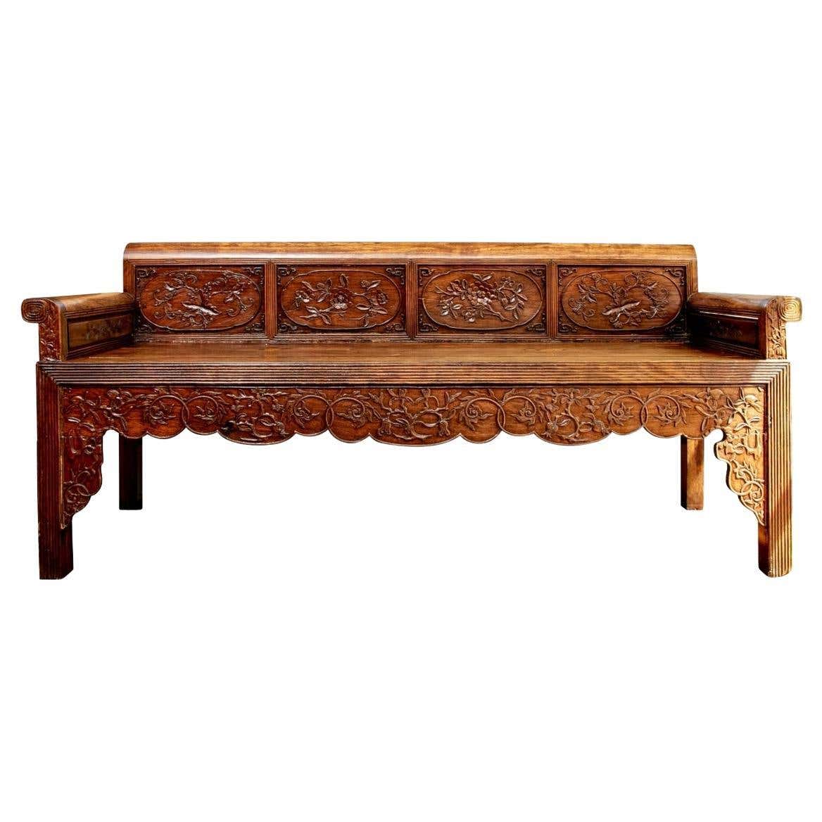 Chinese Carved Wood Long Bench For Sale at 1stDibs | chinese wooden bench