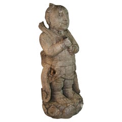 Chinese Carved Wood Nezha Sculpture 19th Century