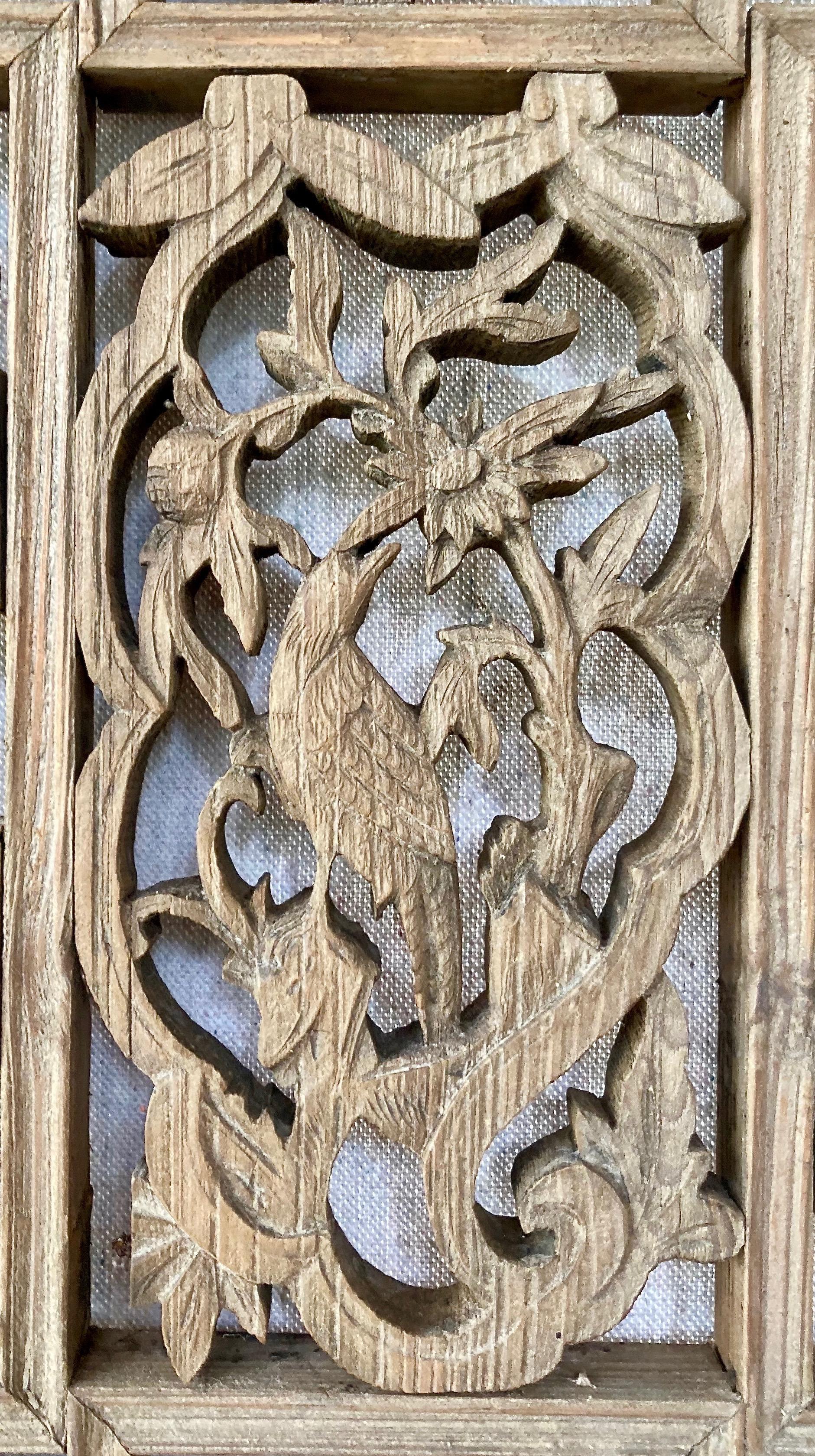 Framed three-pane panel includes openwork carving, relief carving + lattice work techniques, with a plant/floral motif.