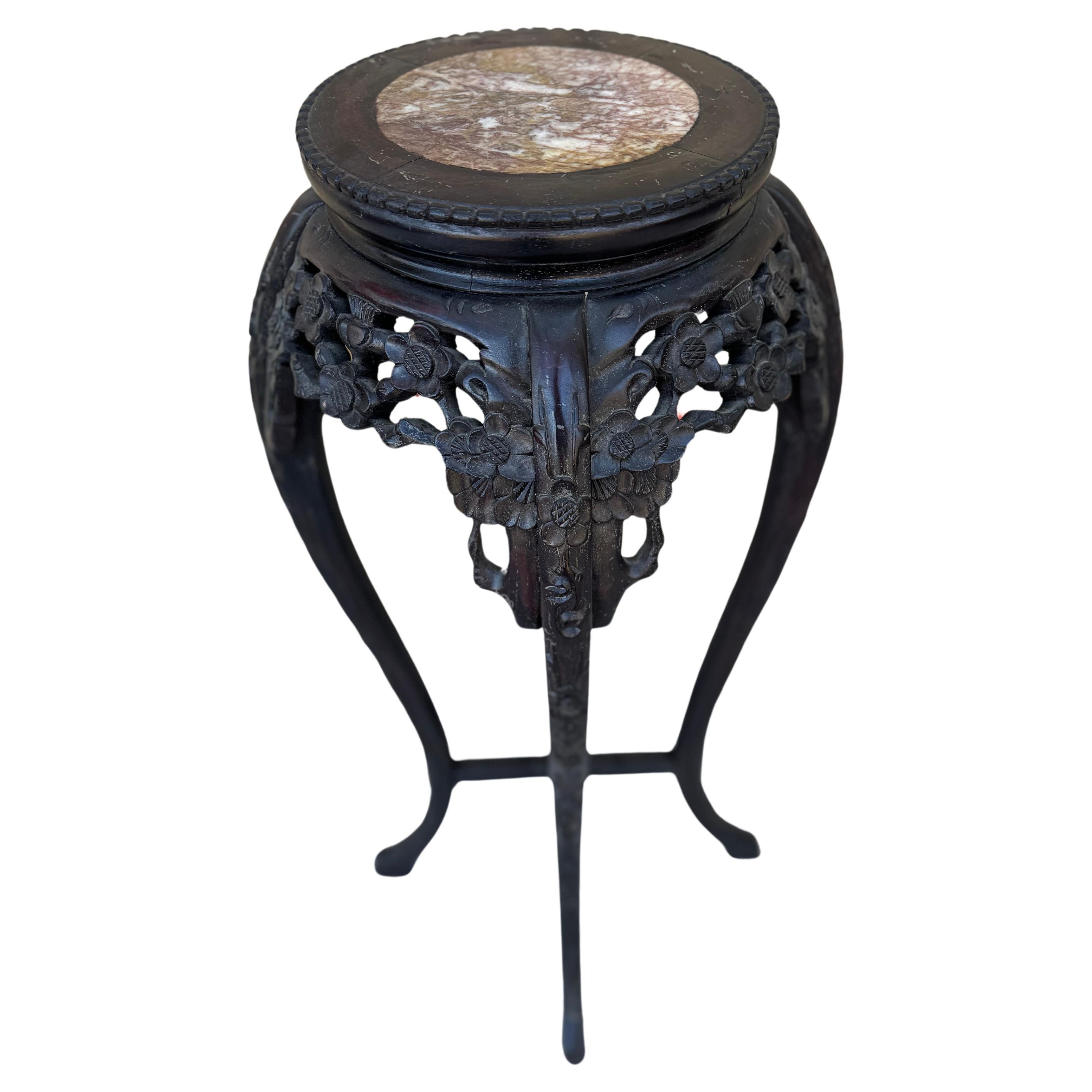 Chinese Export Chinese Carved Wood Pedestal Table With Marble Inset Top For Sale