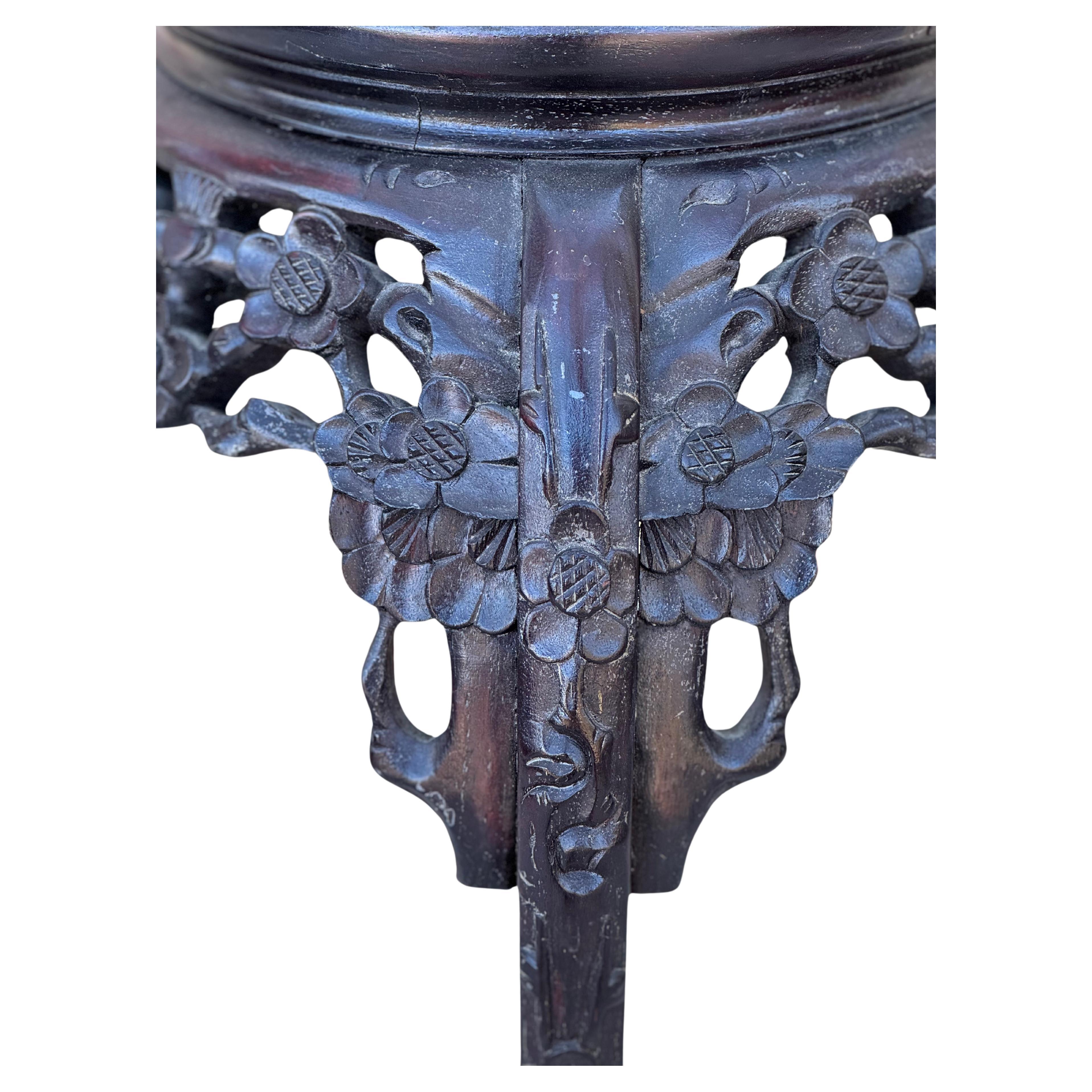 Hand-Carved Chinese Carved Wood Pedestal Table With Marble Inset Top For Sale