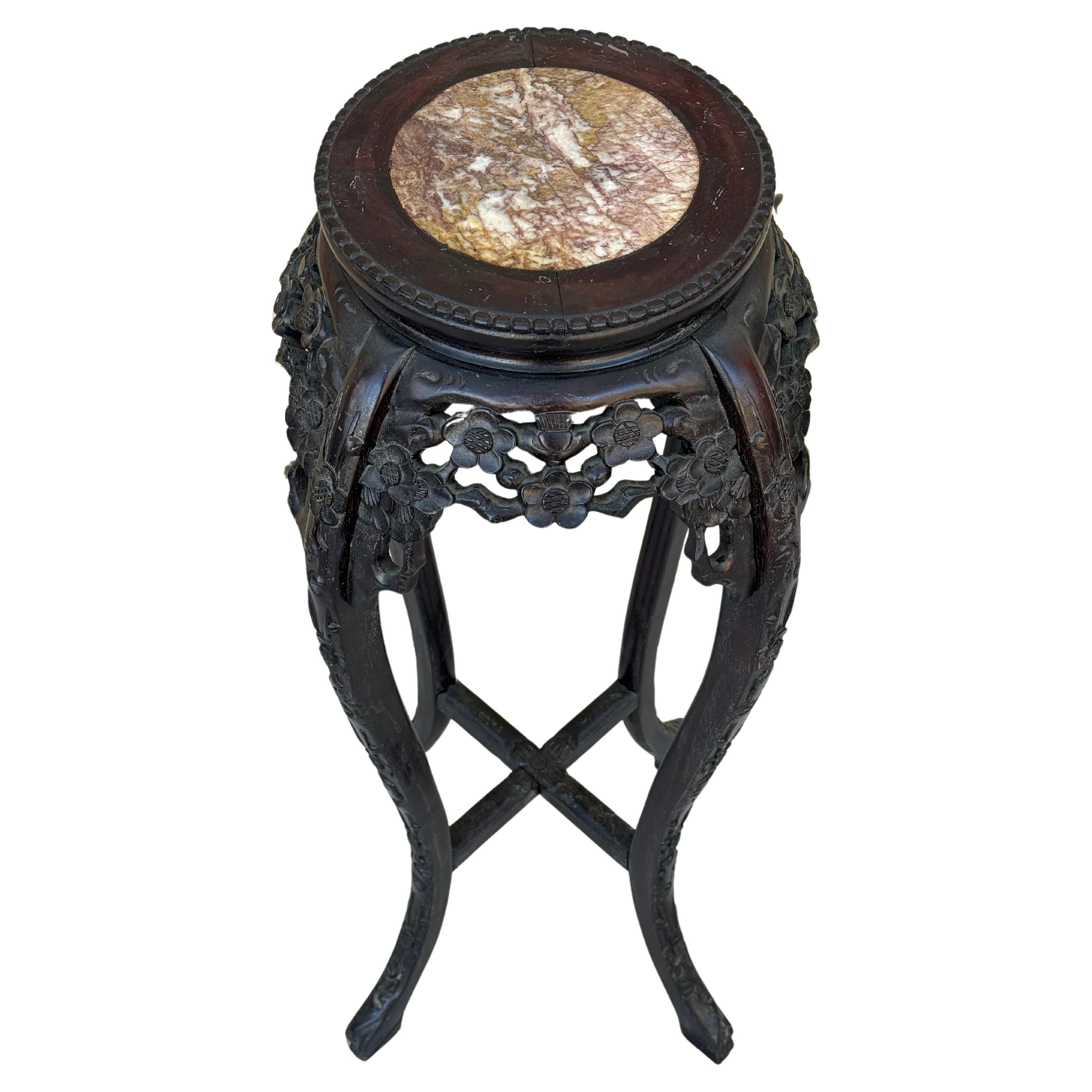 20th Century Chinese Carved Wood Pedestal Table With Marble Inset Top For Sale