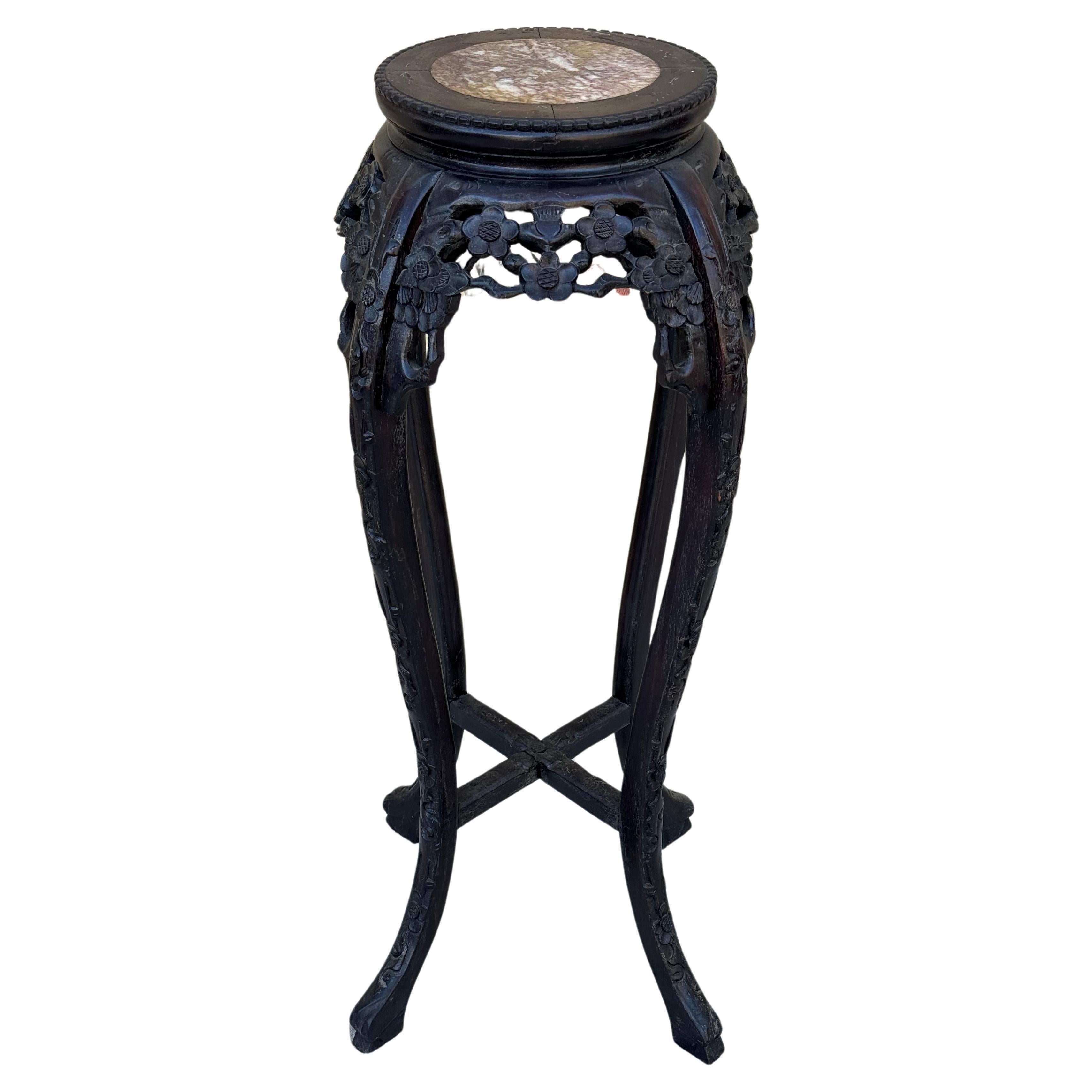 Chinese Carved Wood Pedestal Table With Marble Inset Top For Sale