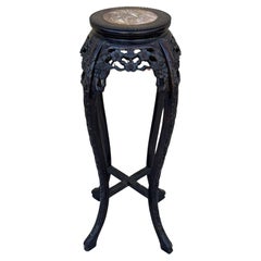 Vintage Chinese Carved Wood Pedestal Table With Marble Inset Top