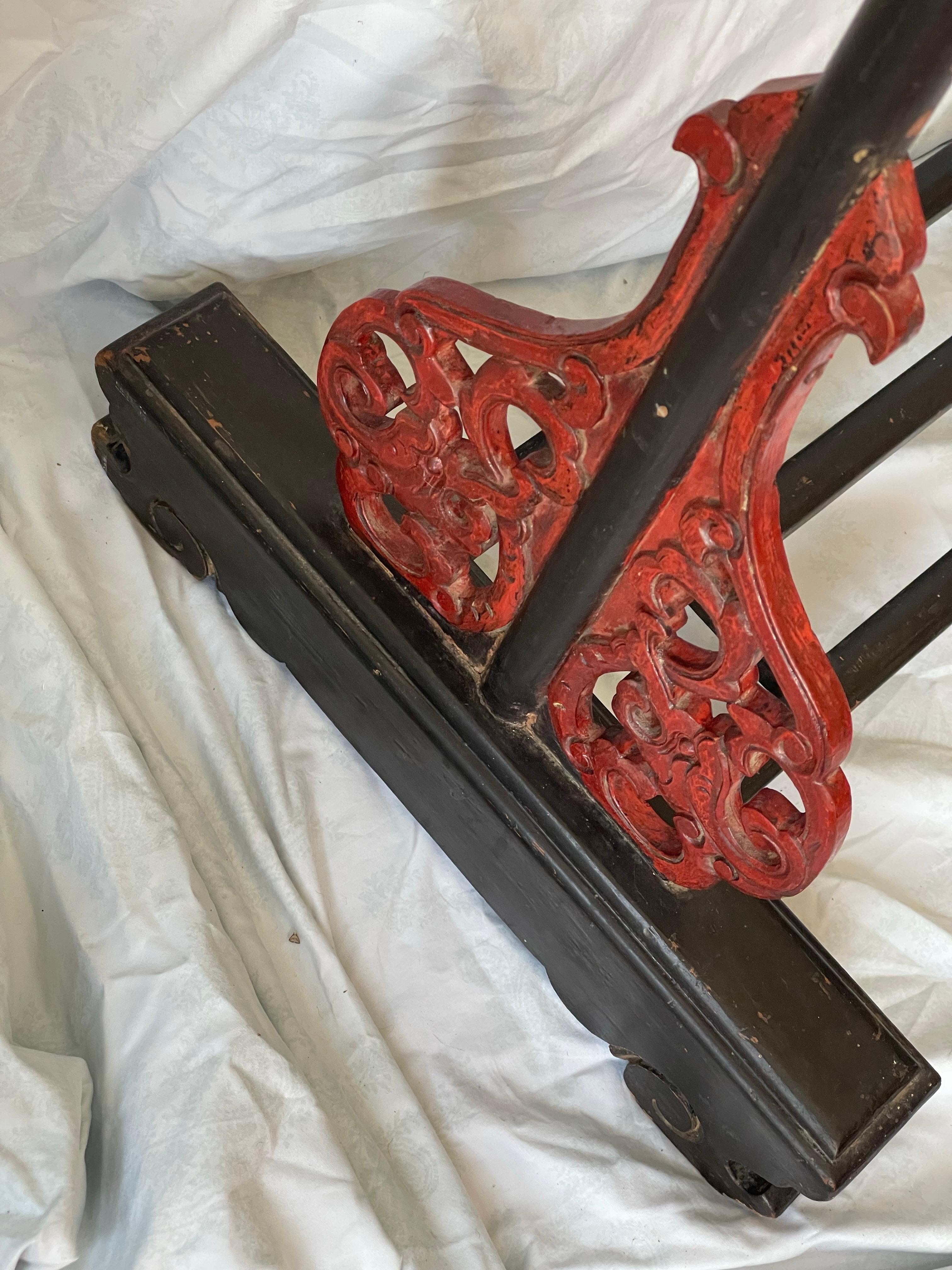 Chinese Carved Wood Robe Garment Display Rack Dragon Heads Black & Red Paint For Sale 8