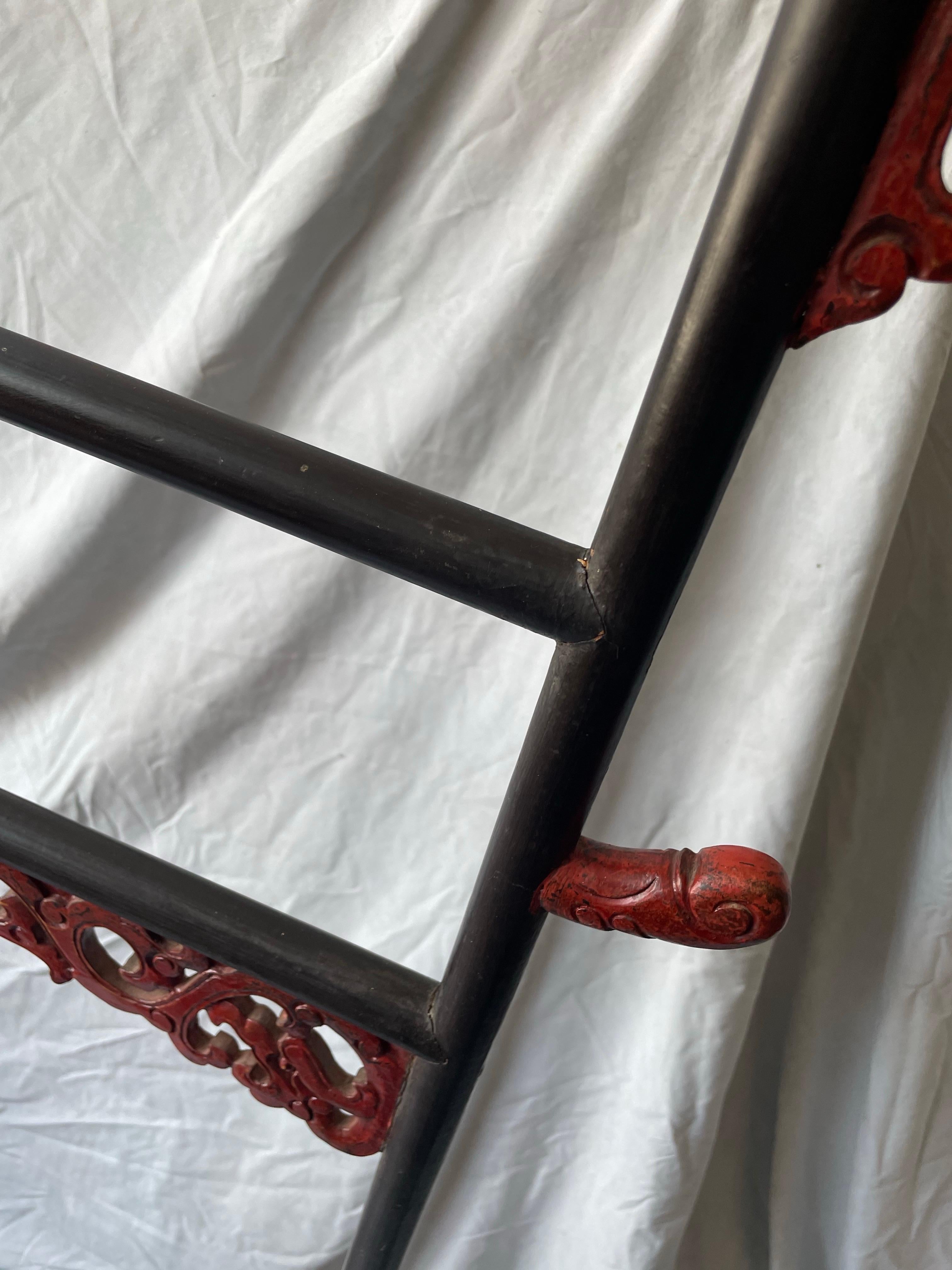 Chinese Carved Wood Robe Garment Display Rack Dragon Heads Black & Red Paint For Sale 12