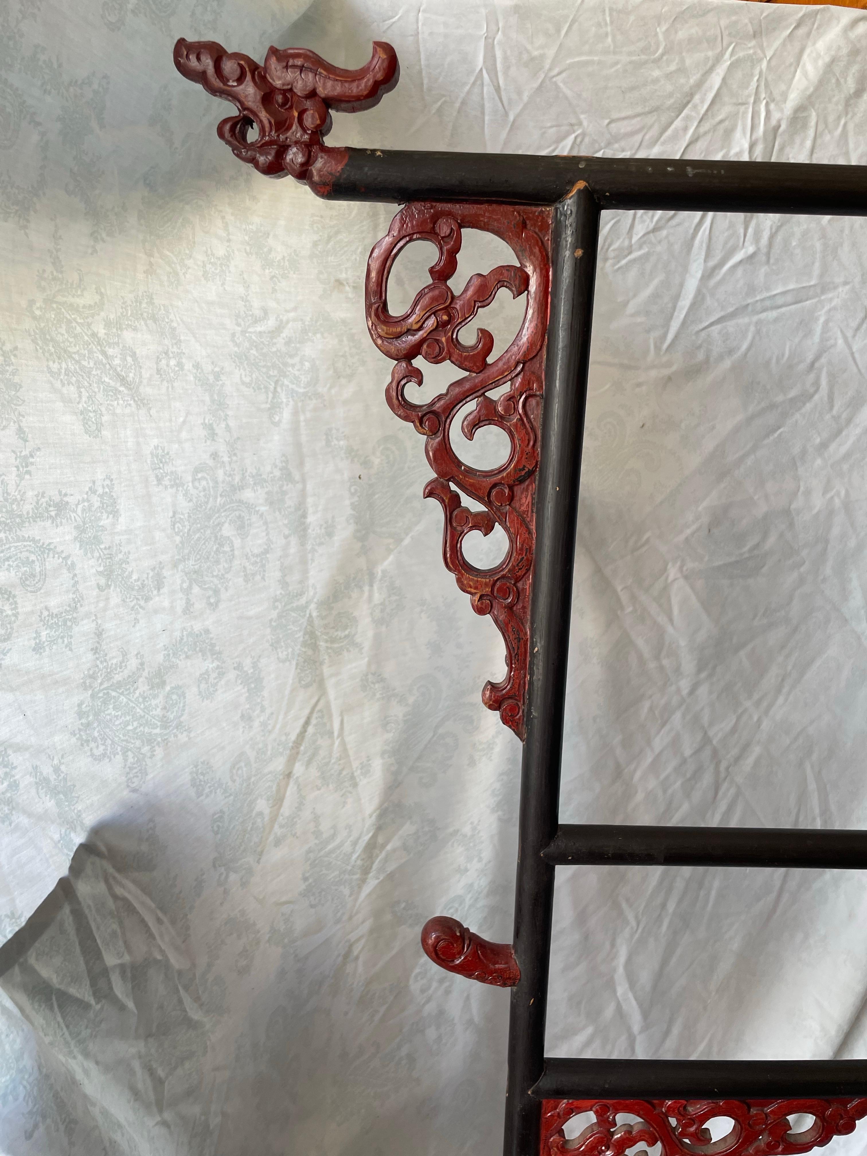 Chinese Export Chinese Carved Wood Robe Garment Display Rack Dragon Heads Black & Red Paint For Sale