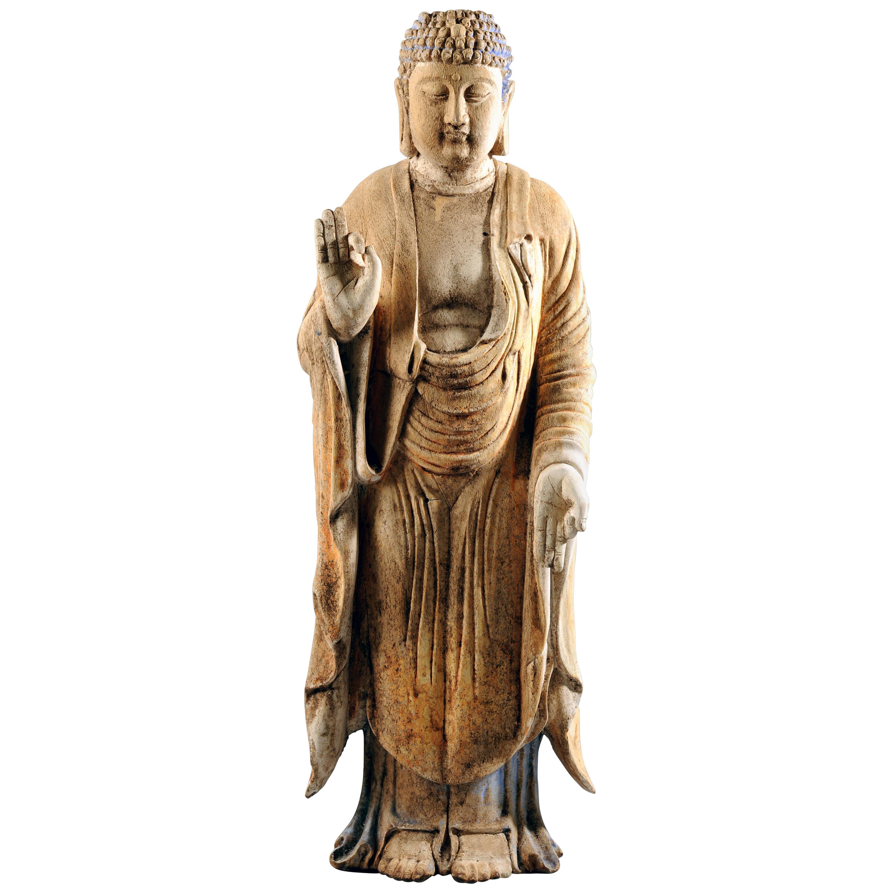 Chinese Carved Wood Teaching Buddha in Ming Style For Sale