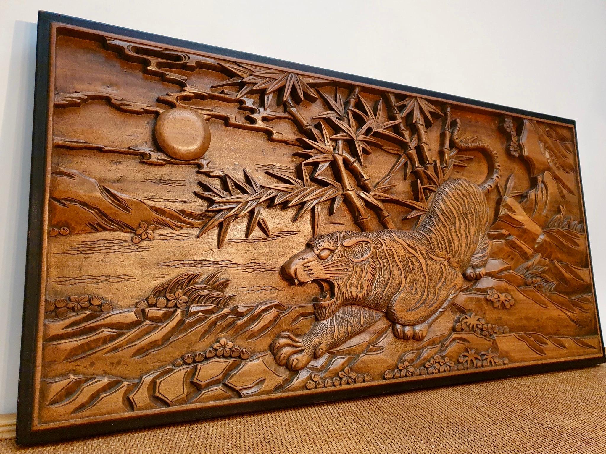 Hand-Carved Chinese Carved Wood Wall Art from a Hunting Tiger For Sale