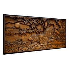 Vintage Chinese Carved Wood Wall Art from a Hunting Tiger
