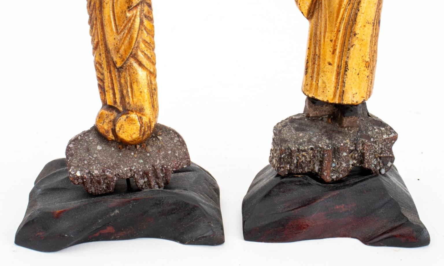 Hand-Carved Chinese Carved Wood Warrior Figure Sculpture, Pair
