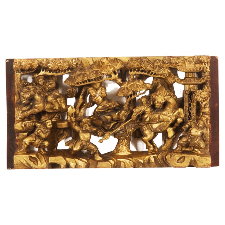 Chinese Carved Wooden Gilted Panel Wall Decoration For Sale at 1stDibs