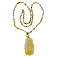 24" Chinese Carved Yellow Jadeite Guan Yu Pendant Amulet Beaded Necklace A-Grade