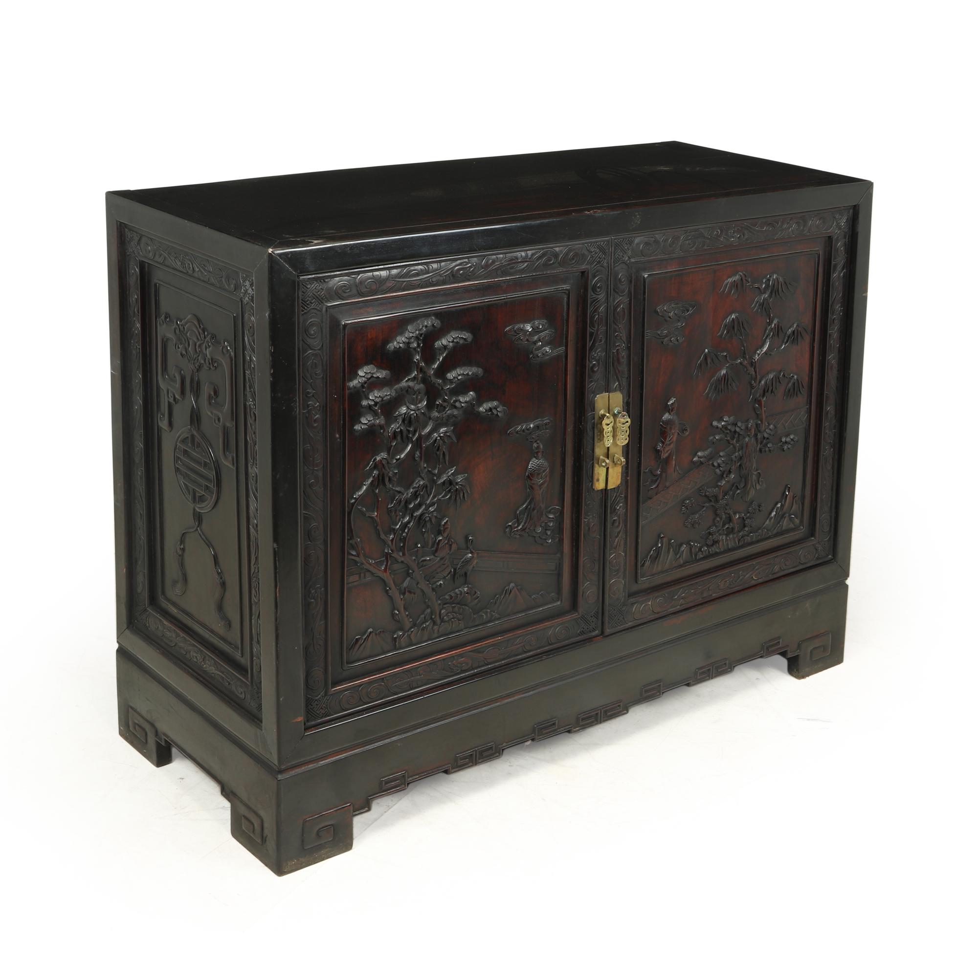 Chinese Export Chinese Carved Zitan Sideboard in Black Lacquer