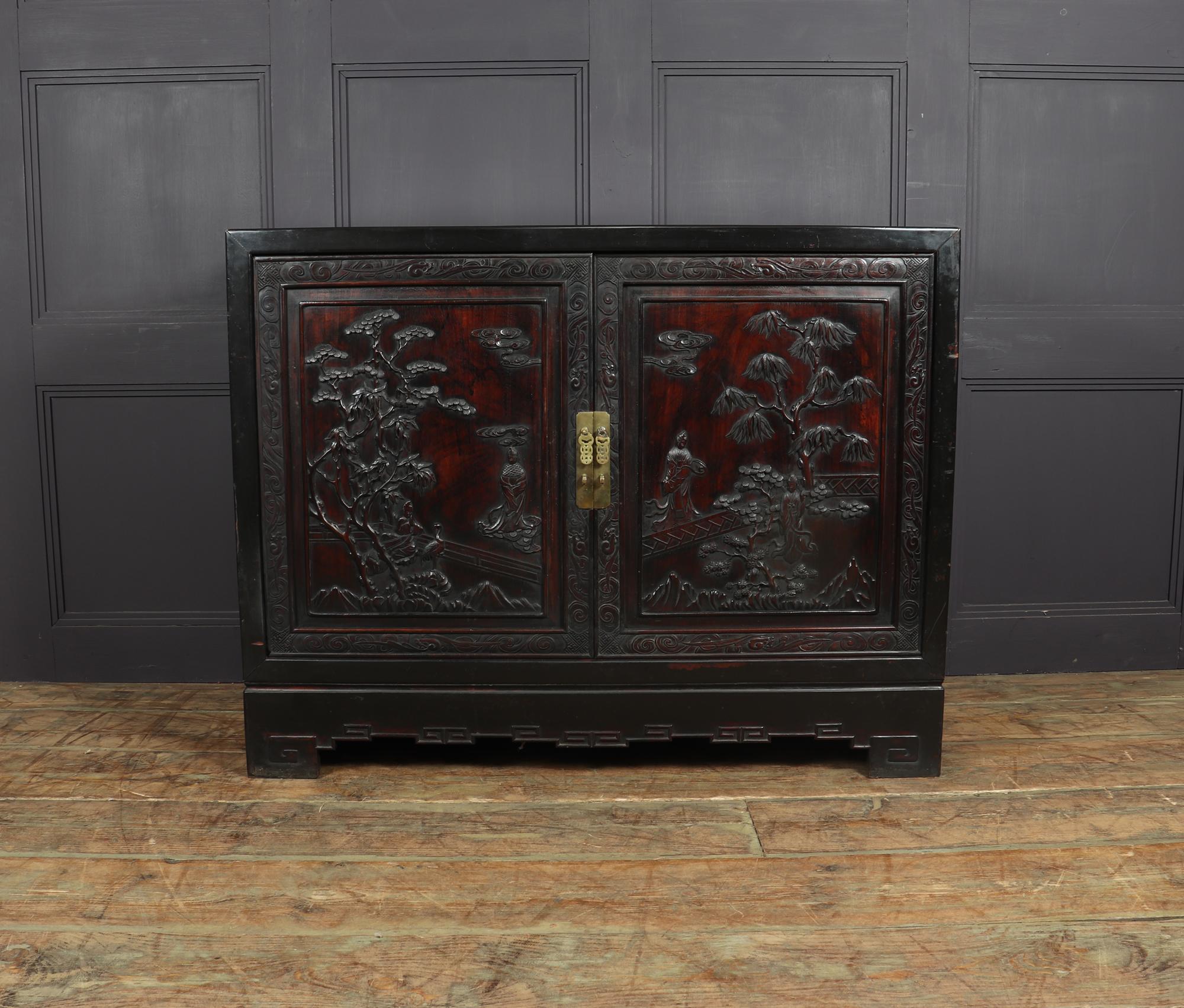 Early 20th Century Chinese Carved Zitan Sideboard in Black Lacquer