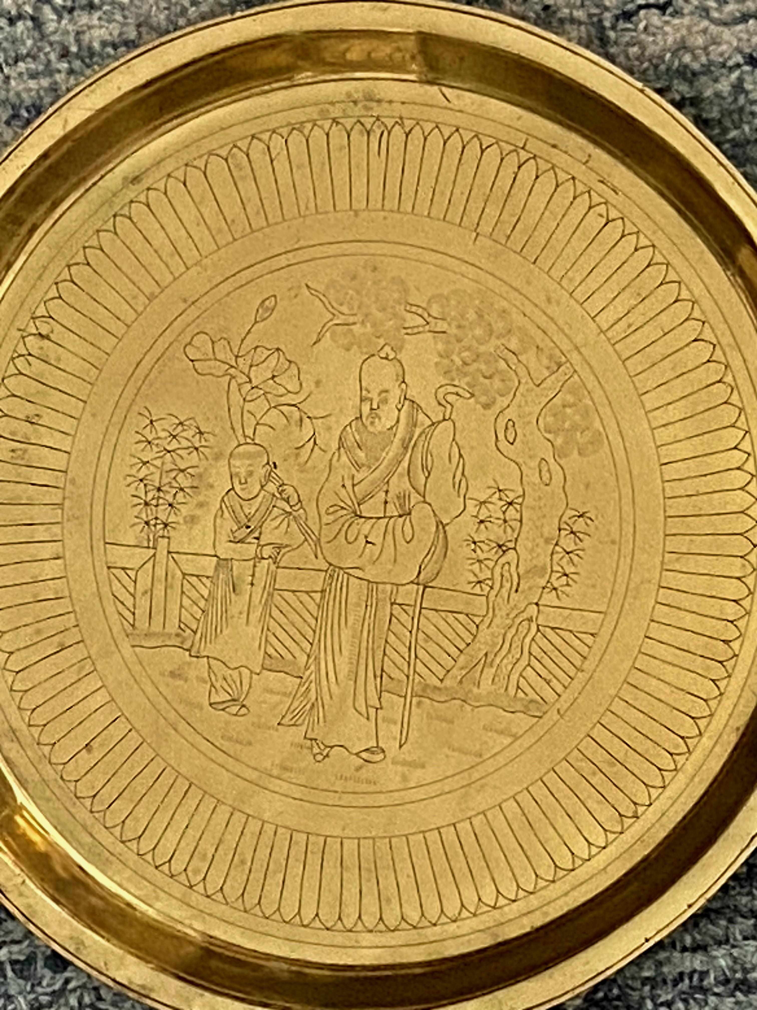Chinese Cast Brass Incised Figures Serving Tray Platter For Sale 6