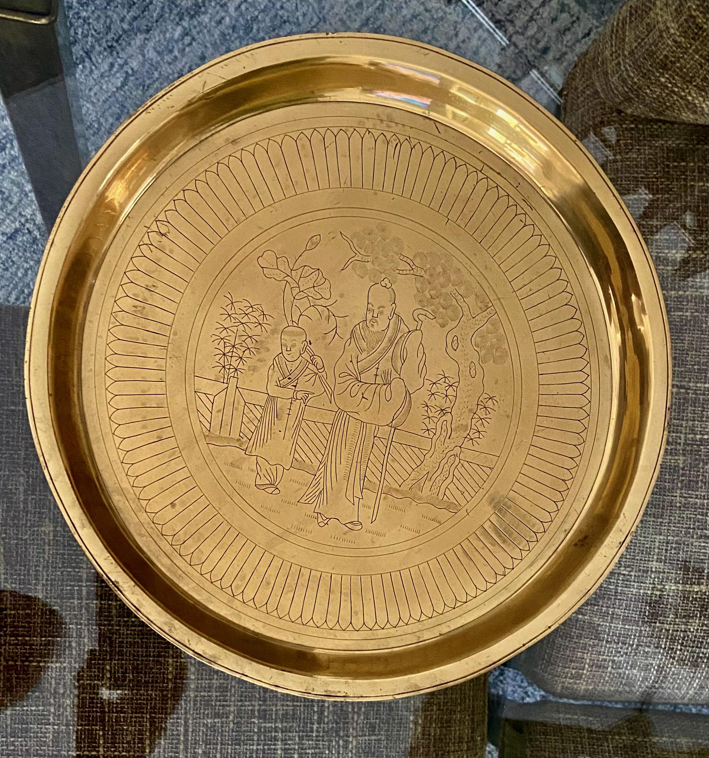 Chinese Cast Brass Incised Figures Serving Tray Platter For Sale 7