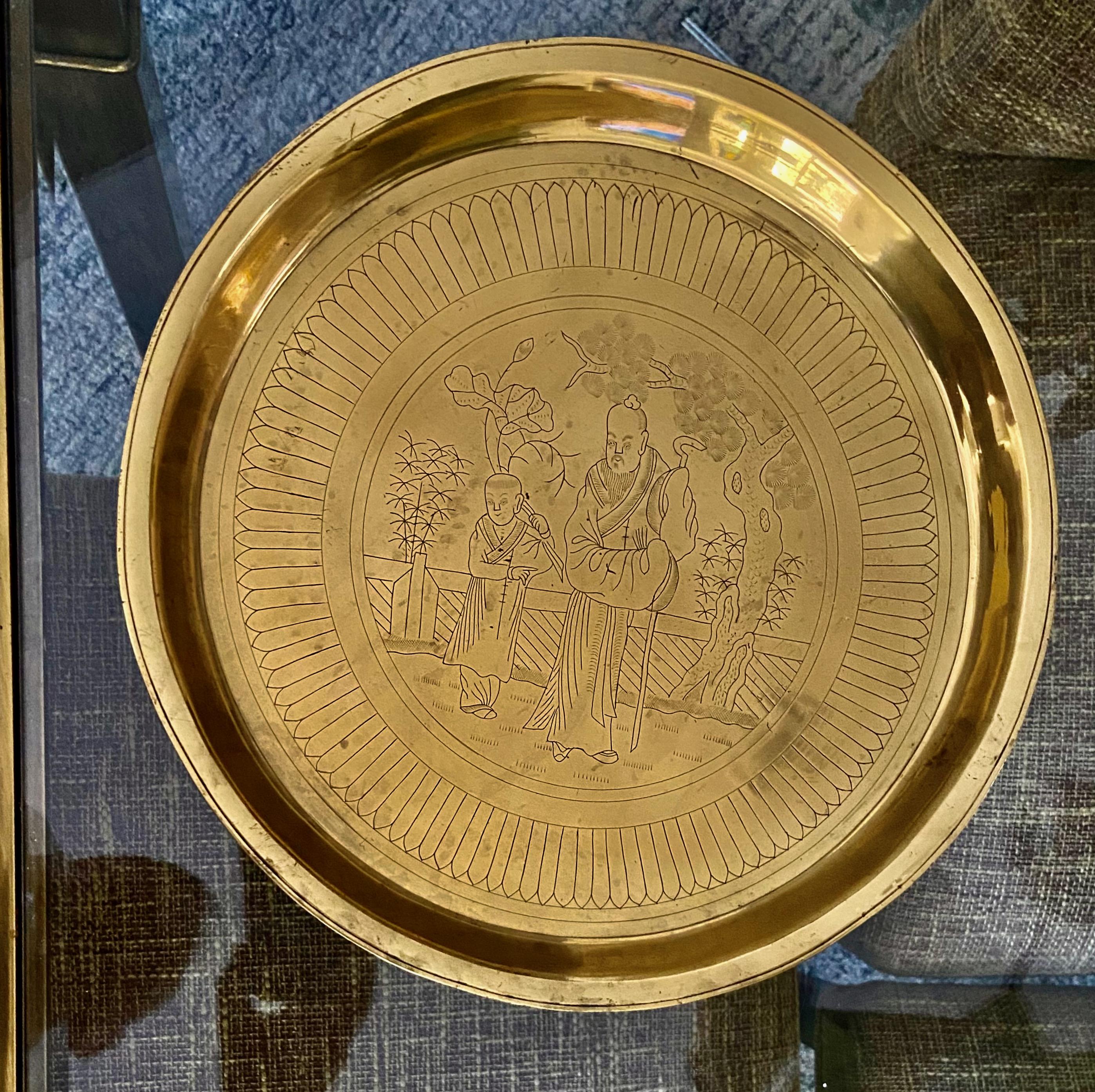Mid-Century Modern Chinese Cast Brass Incised Figures Serving Tray Platter For Sale
