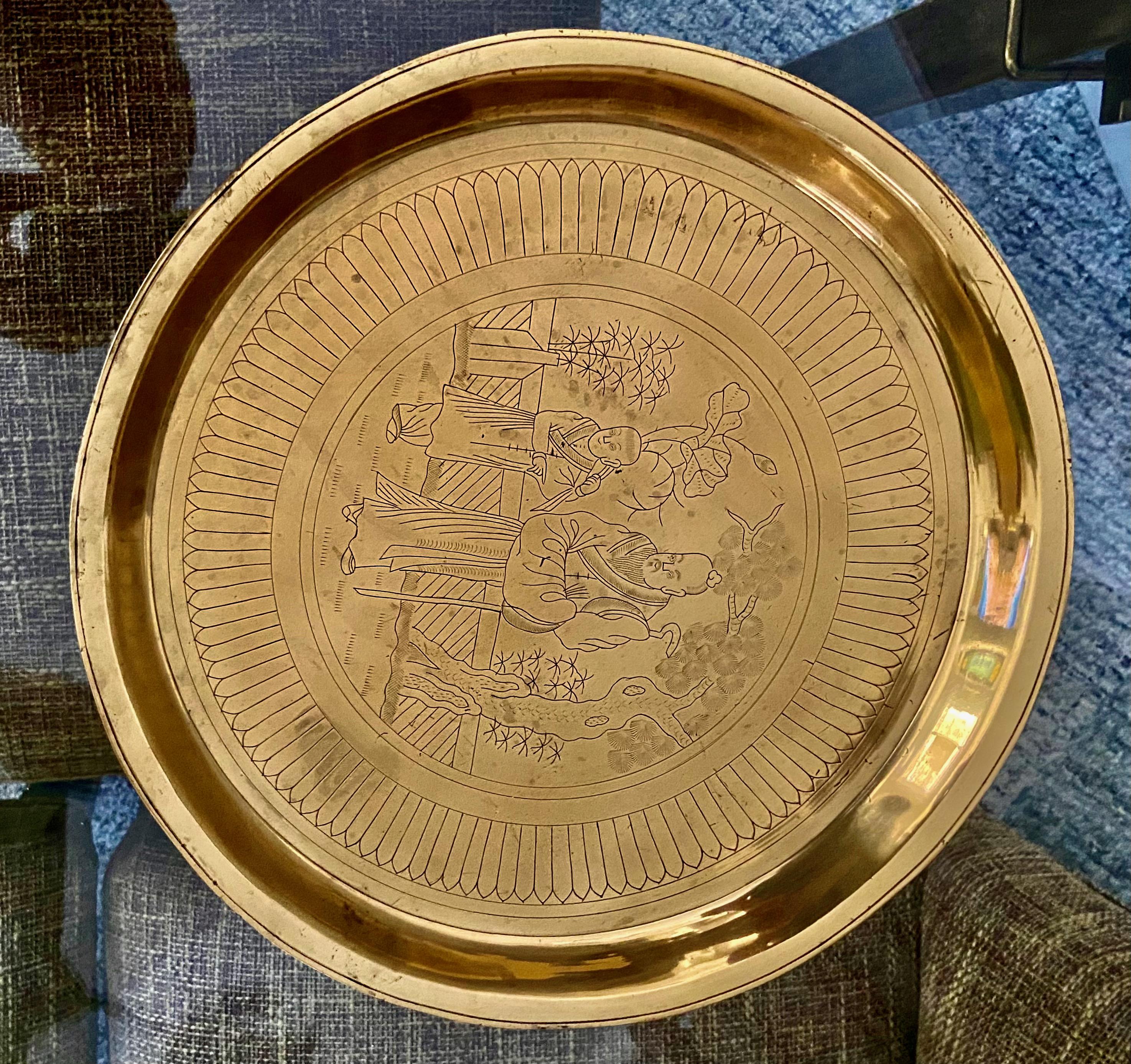 Chinese Cast Brass Incised Figures Serving Tray Platter In Good Condition For Sale In Palm Springs, CA