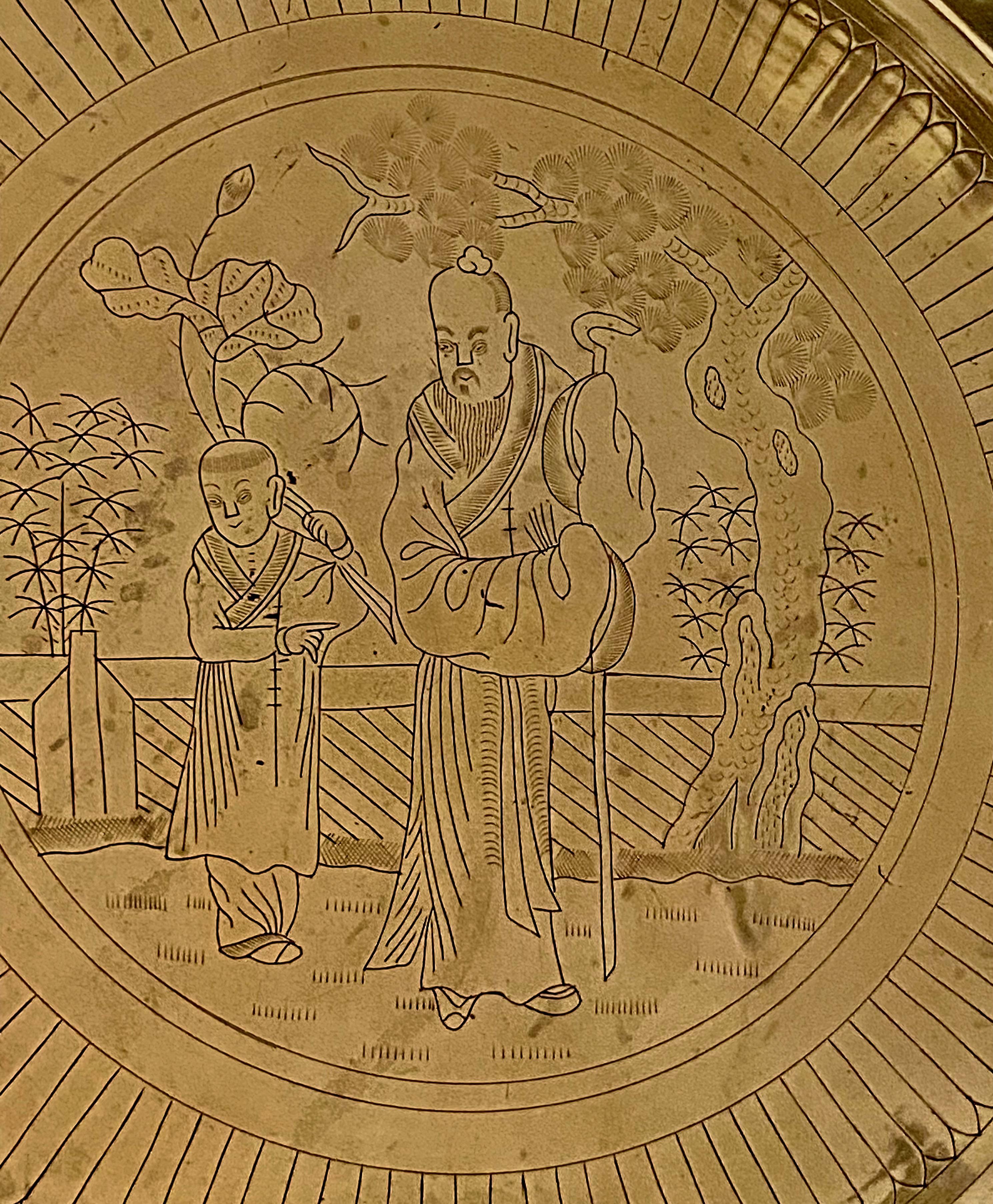 Chinese Cast Brass Incised Figures Serving Tray Platter For Sale 3