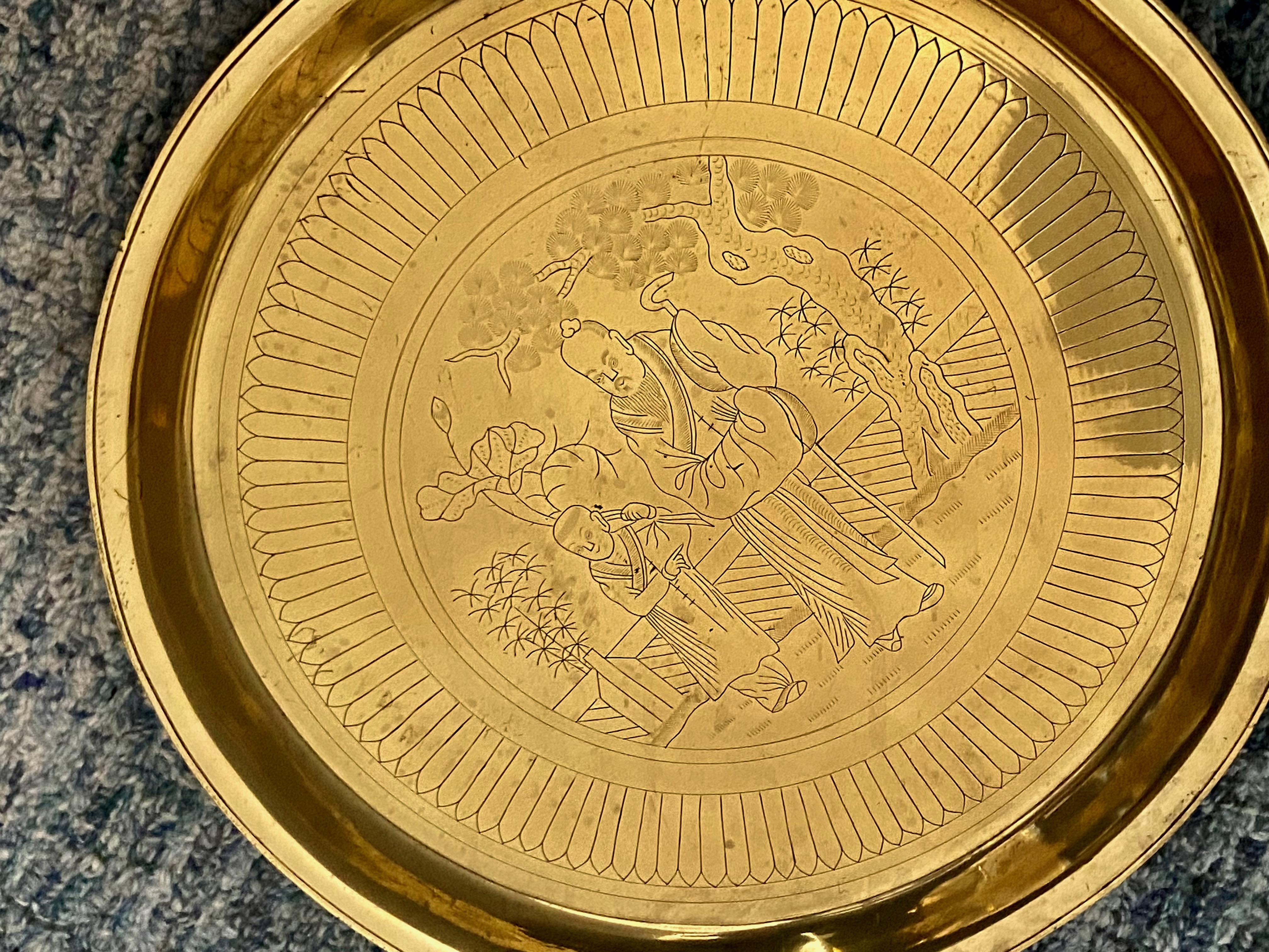 Chinese Cast Brass Incised Figures Serving Tray Platter For Sale 4